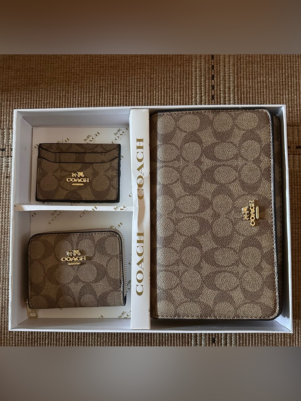 NIB Coach Brown Signature Leather Purse, Wallet, & Card Case Set